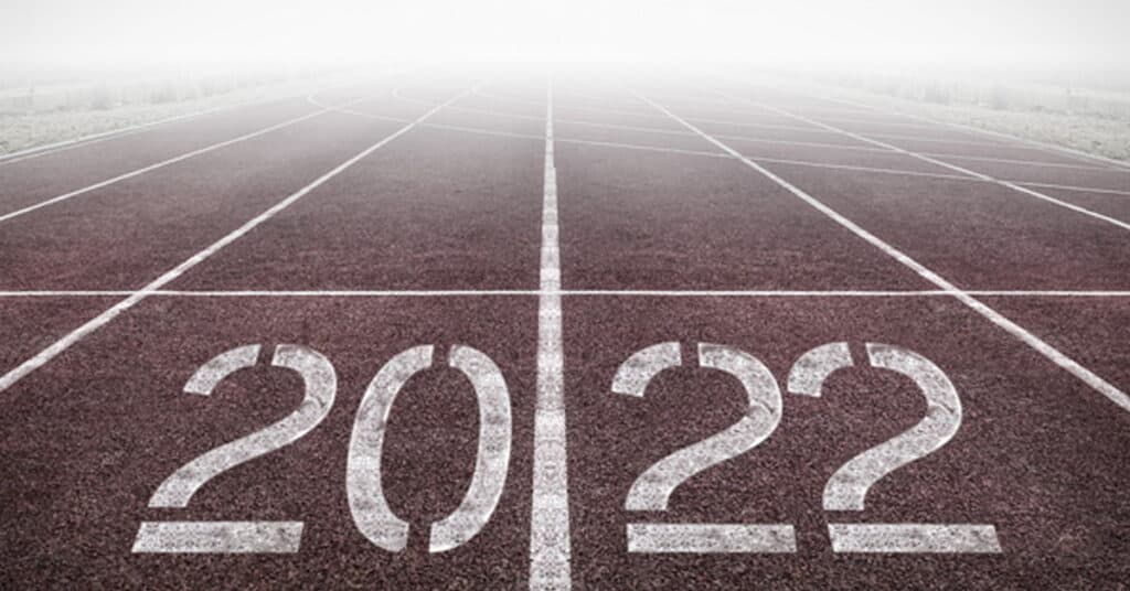 Path to success in 2022, illustration of a running track with "2022" and "2023" on it, symbolizing new beginnings, goals, and growth in business or sports. Perfect for marketing, event planning, or sports industry content.