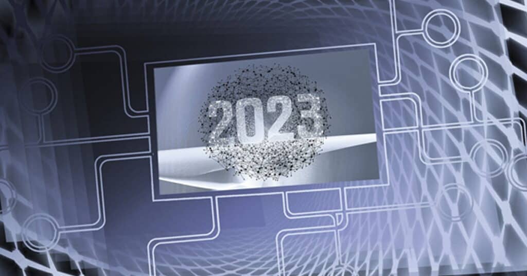 Futuristic digital network with "2023" in the center, representing technological innovation and cybersecurity solutions for the year 2023.