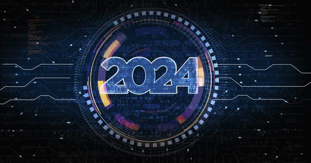 2024 digital futuristic technology concept with glowing numbers and data visualization elements in dark background alt text, caption, and description provided below.