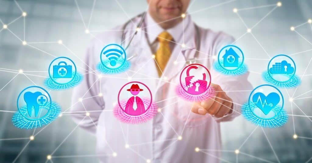 Health and medical technology icons, telemedicine, healthcare network, doctor connecting with digital health icons, advanced health monitoring, and digital health solutions.