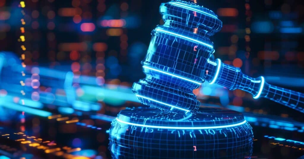 Gavel and blockchain digital overlay representing legal technology and blockchain law innovations.