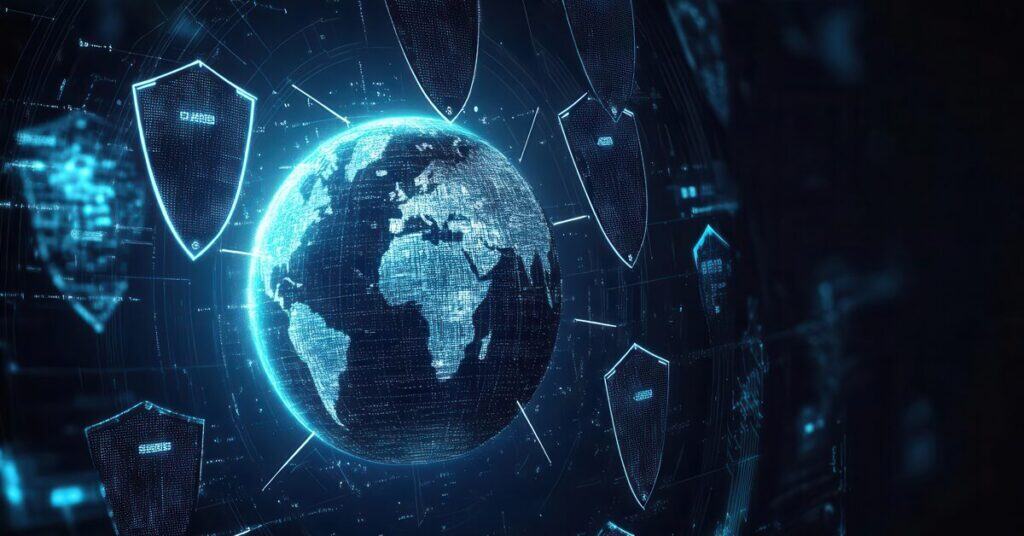 Secure global cybersecurity network with digital shields protecting Earth from cyber threats and data breaches. Advanced technology ensures digital safety and data security worldwide.