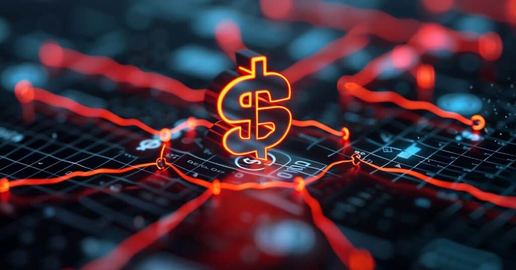 High-tech financial graph with a glowing dollar symbol, representing digital investments and market analytics, suitable for finance and technology sectors.