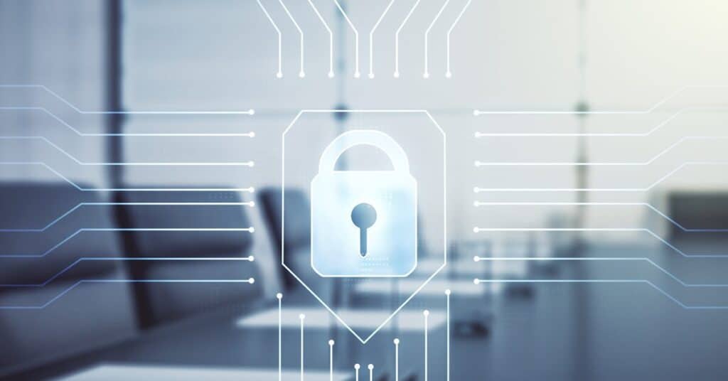 Secure cybersecurity concept with digital lock and circuit lines, representing data protection and network security.