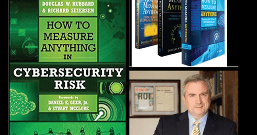 Cybersecurity book cover, digital measurement tools, and a professional man in business attire, emphasizing cybersecurity risk management, digital security, and professional expertise.