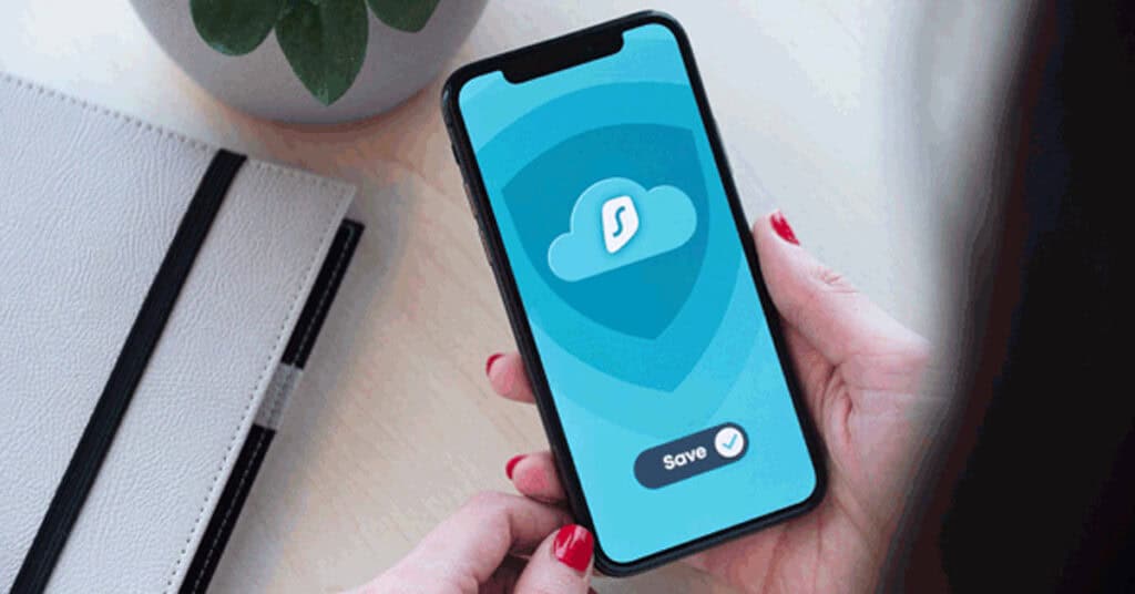 Storage security app on smartphone displaying shield icon and save button for data protection and privacy.