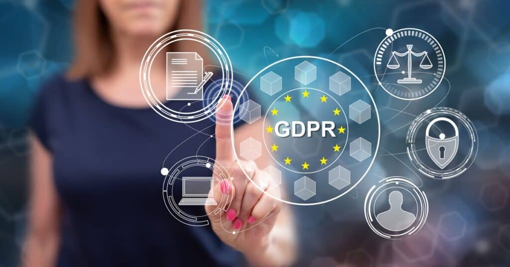 GDPR compliance digital security concepts with icons representing data privacy, security, and legal regulations for business protection.