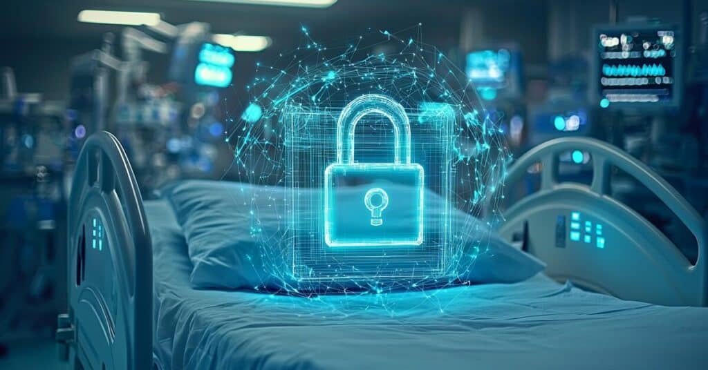 Secure hospital bed with digital lock and holographic security overlay in a healthcare technology setting.
