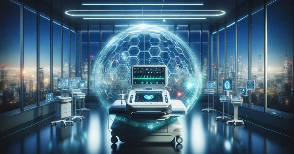Advanced medical monitoring equipment in a futuristic hospital with digital holograms and city skyline background.
