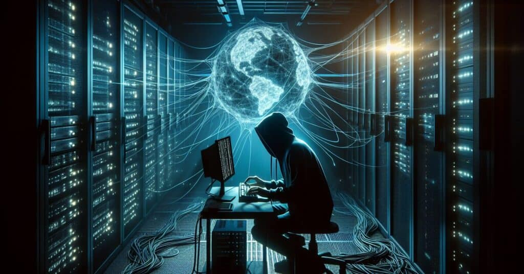 Monitoring and cybersecurity concept with hacker in a data center, global network hologram, digital connectivity, and information security in a high-tech environment; ideal for cybersecurity and IT infrastructure SEO.