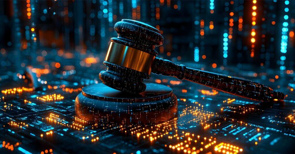 Gavel and digital circuit board representing legal technology and cybersecurity, futuristic legal system concept, digital justice, law enforcement, high-tech legal solutions.