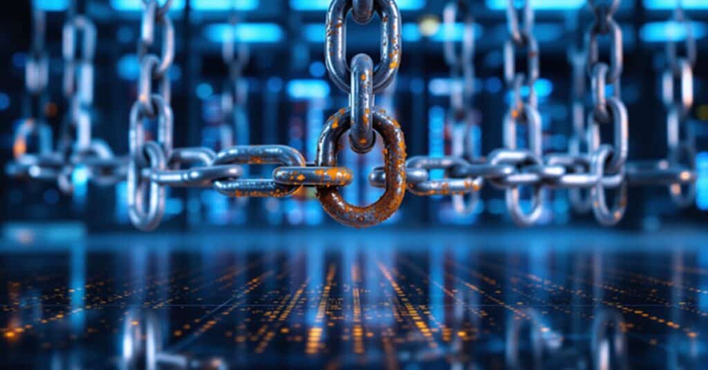 Metal chain links in a digital, cybersecurity-themed environment, representing security and network protection.