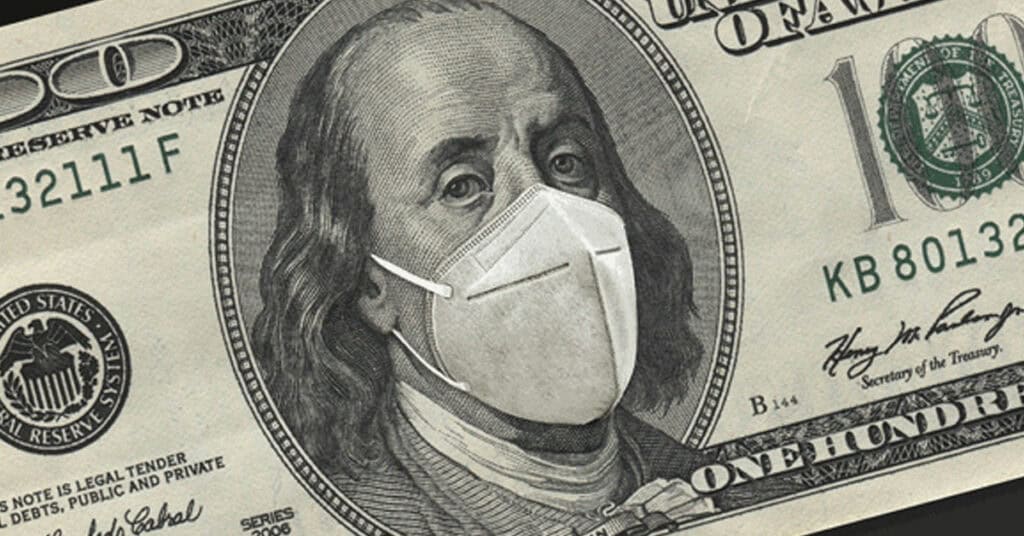 Face of Benjamin Franklin on a $100 bill wearing a medical face mask, symbolizing health and safety precautions during financial or economic discussions, concept of pandemic impact on economy, and banking or currency themes.