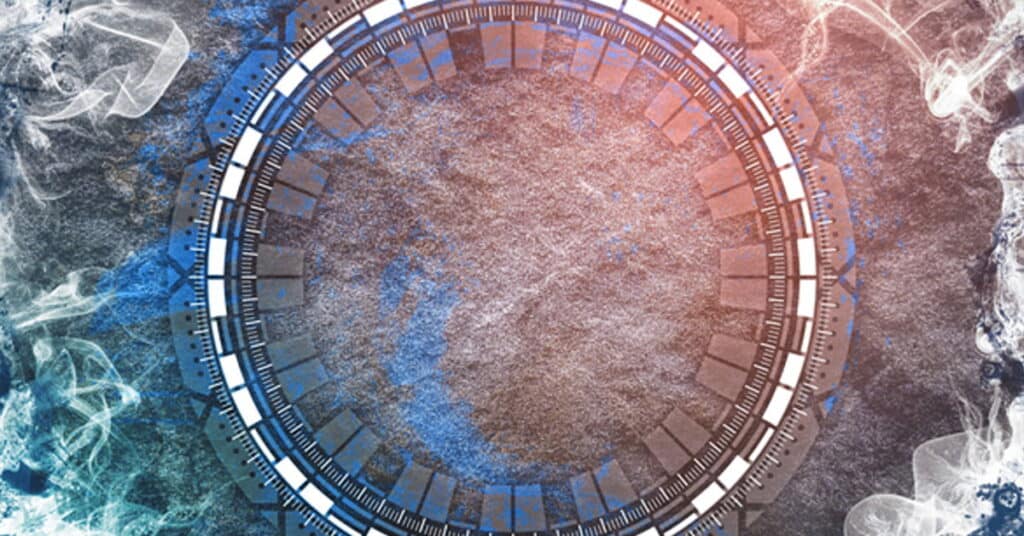 Futuristic digital interface with circular data visualization, technology, and cybersecurity elements, representing innovative solutions for perimeter security.