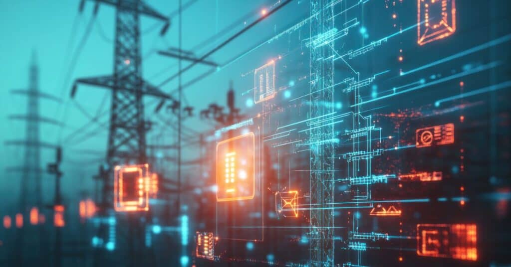 High-tech digital infrastructure with interconnected glowing data symbols, representing advanced network security, data management, and IoT technology at Perimeter.