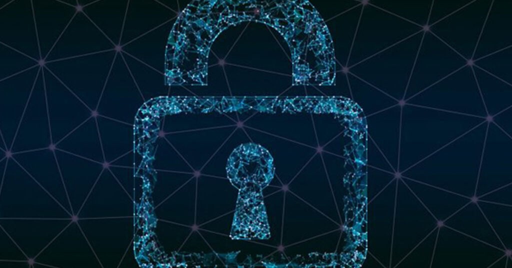 Digital lock icon representing cybersecurity and data protection in the cloud, emphasizing secure cloud infrastructure and network security solutions for businesses.