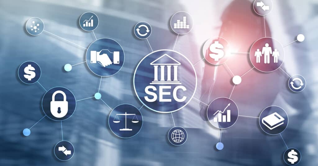 SEC compliance and financial security concepts represented by interconnected icons and a fiscal building, emphasizing data protection, regulatory adherence, risk management, and digital security in finance.