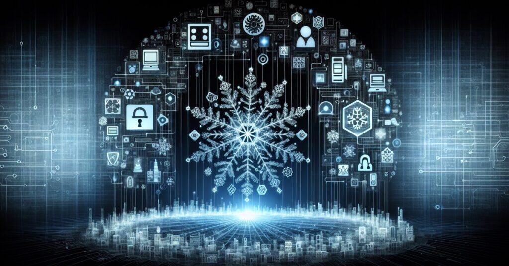AI-driven cybersecurity technology with digital lock icons and snowflake design for data protection and secure digital environments.