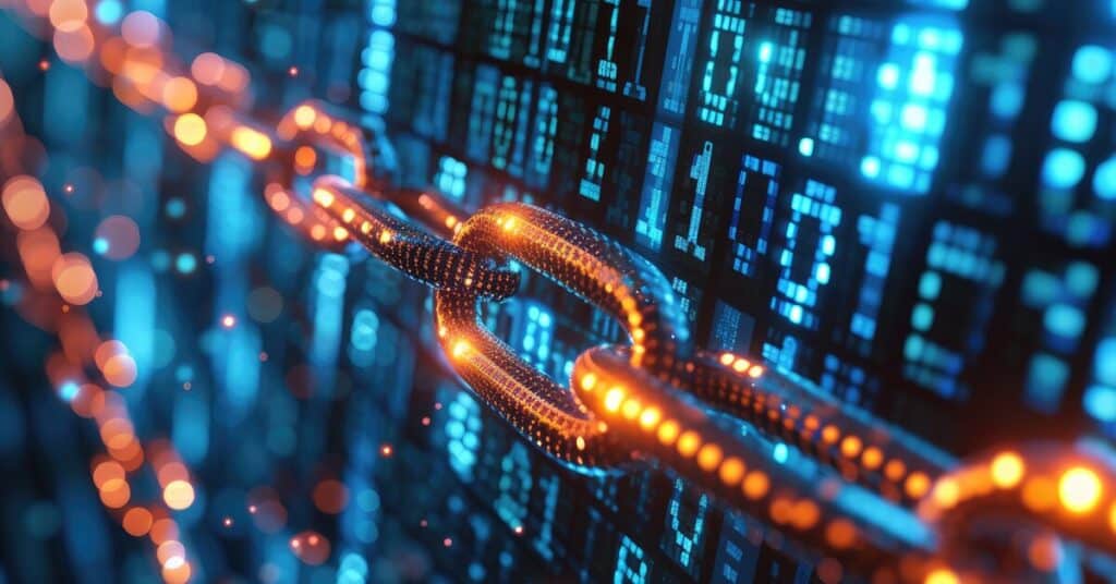 Encrypted digital chain linking data, cybersecurity, blockchain technology, secure data transfer, digital security infrastructure.