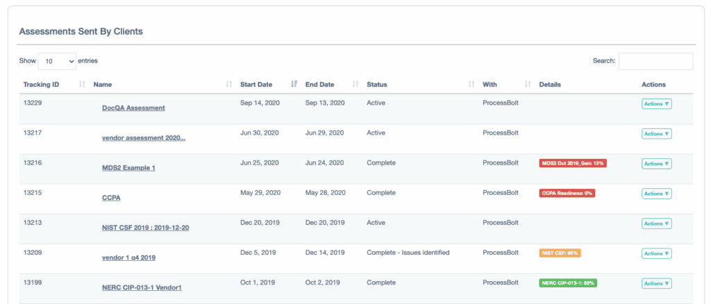 Assessments sent by clients dashboard illustrating detailed tracking and status of compliance and security assessments, including process automation and client engagement metrics for enhanced cybersecurity management.