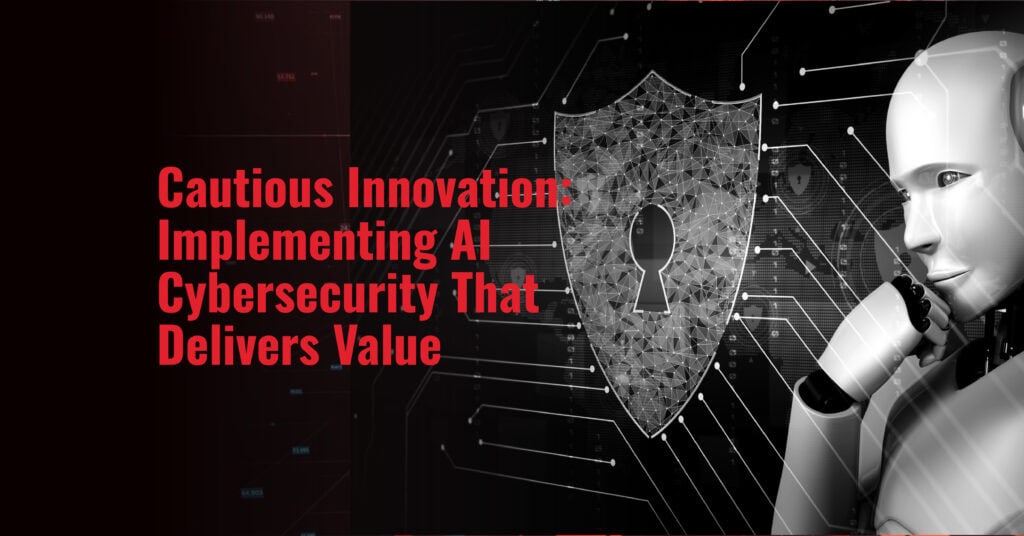 AI cybersecurity robot analyzing digital security shield with network connections and data protection symbols.