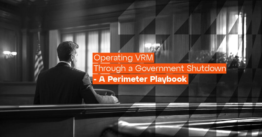 Operating vrm during government shutdown, Perimeter cybersecurity playbook, cybersecurity expert analyzing virtual machine management in a government setting, black and white image with a bold orange overlay highlighting key topics.